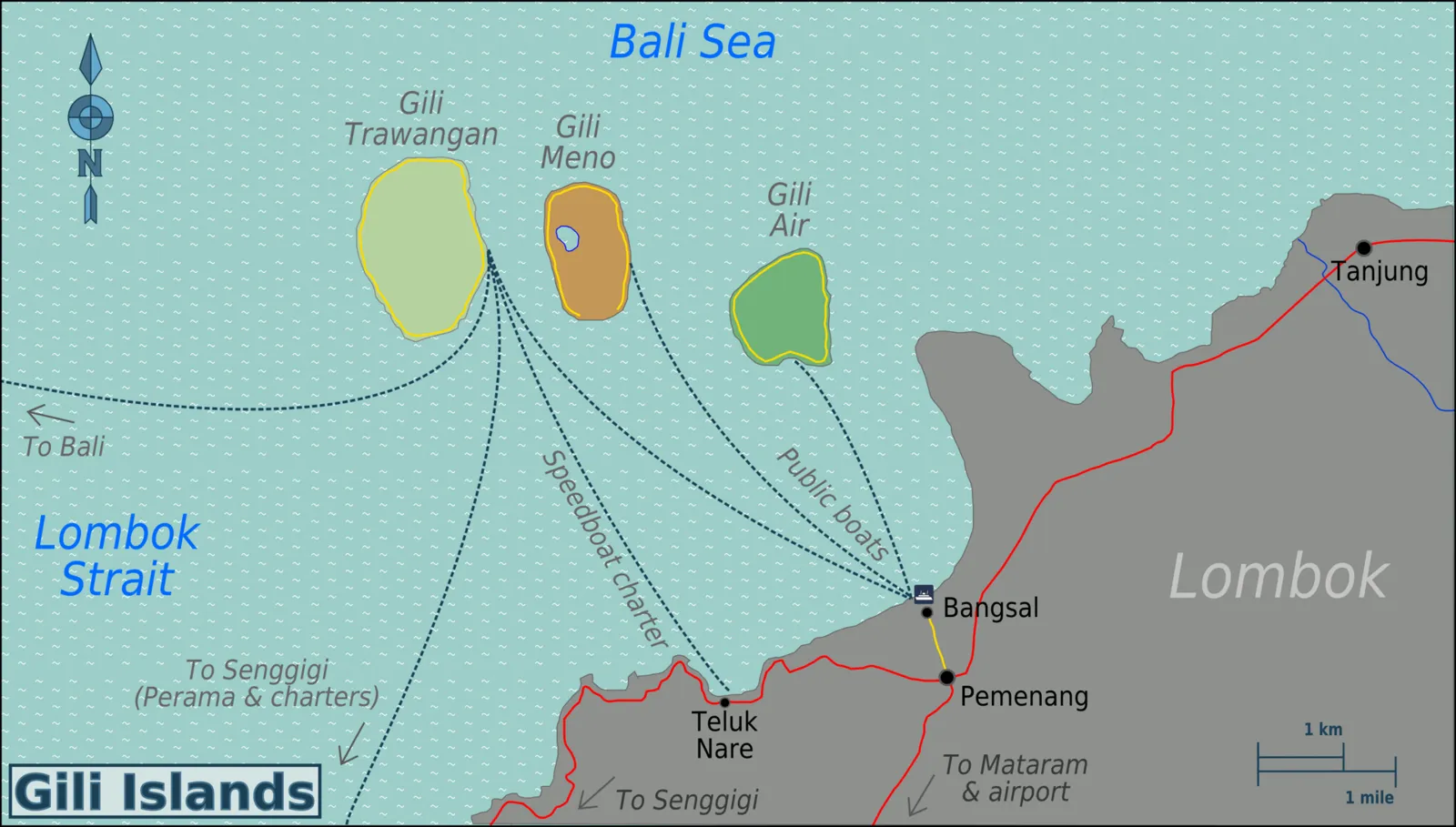 Carte des îles Gili : Gili Trawangan, Gili Meno et Gili Air au large de la côte nord-ouest de Lombok, avec le port de Bangsal, Pemenang et Teluk Nare