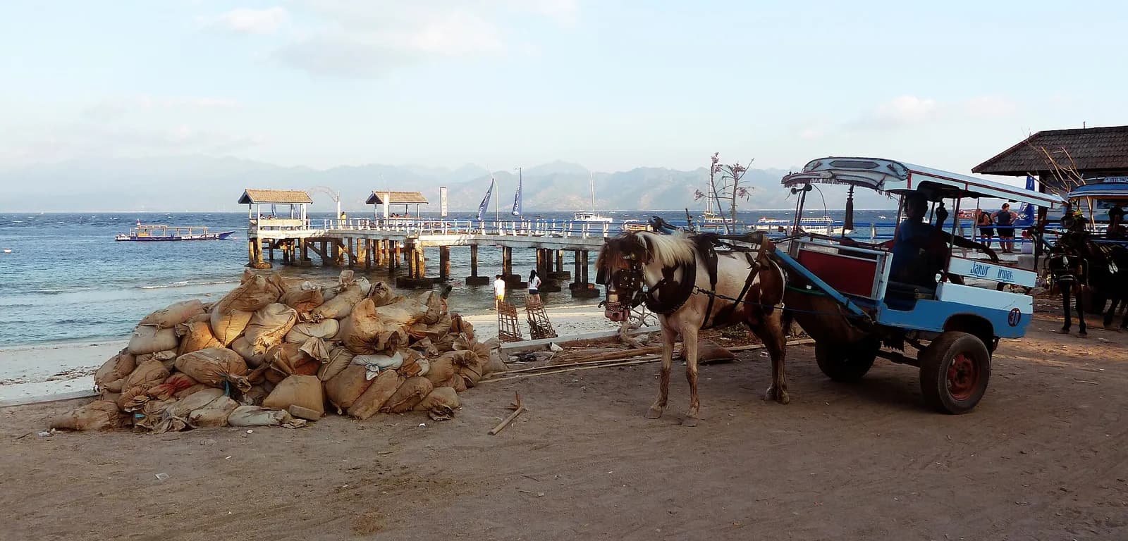 Un cidomo, calèche tirée par un cheval, devant le ponton de Gili Trawangan