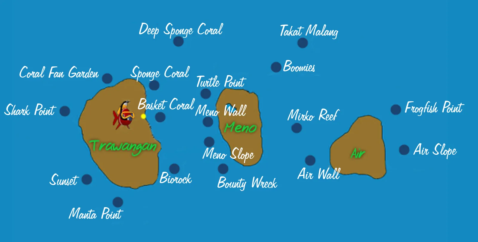 Carte des sites de plongée autour de Gili Trawangan, Gili Meno et Gili Air, avec Shark Point, Turtle Point, Bounty Wreck et Air Slope