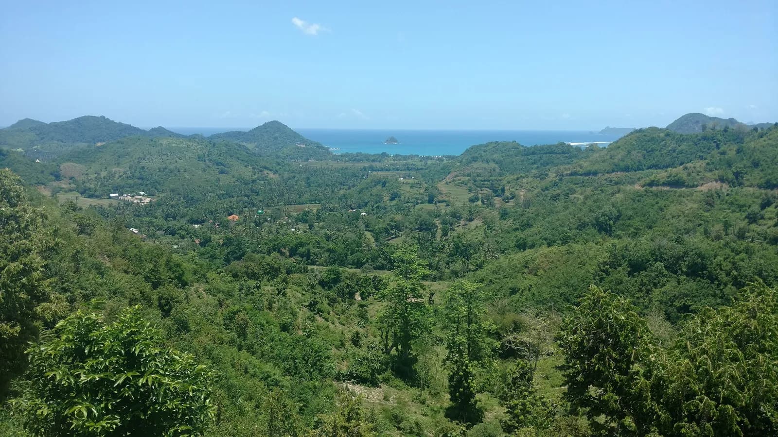 Collines vertes du sud de Lombok autour de Selong Belanak, avec la mer à l'horizon