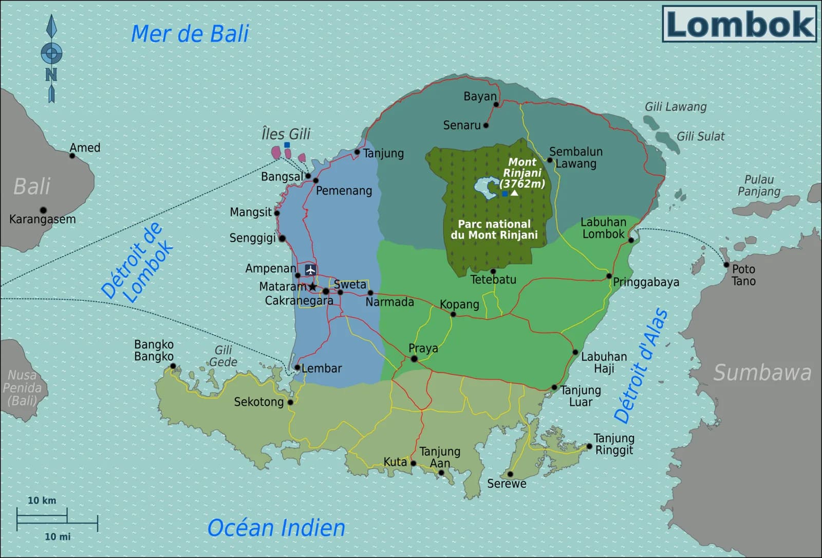 Carte de Lombok par régions touristiques : Gili et côte ouest, Mataram, Rinjani au nord, rizières du centre et plages du sud
